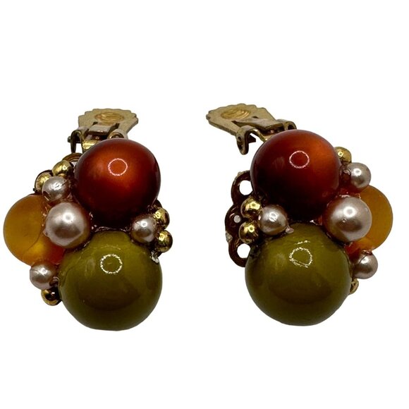 Vintage West Germany Cluster Earrings Clip-On Lucite 1960s Costume Jewelry - Picture 3 of 5